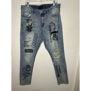 THRT Graffiti Paint Splatter Blue Denim Straight Leg Denim Jeans Size 42x28